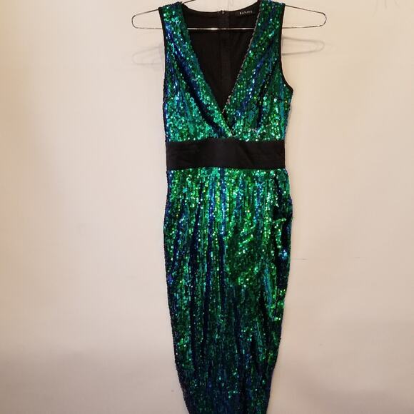 Green Goddess Sequin High Slit Maxi Dress Evening Plunging Neckline Size S - Picture 2 of 15